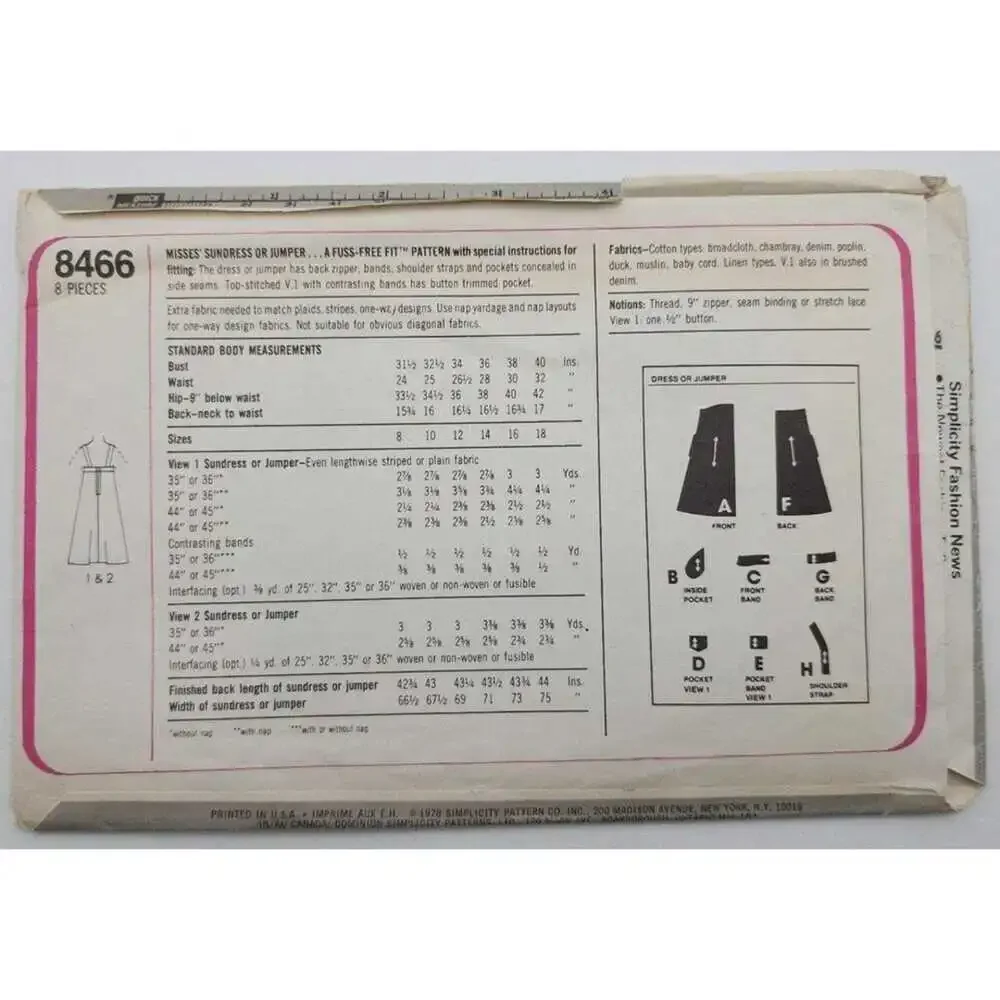 Vintage 70's Simplicity 8466 Misses Vintage Sundress or Jumper Size 10 Uncut